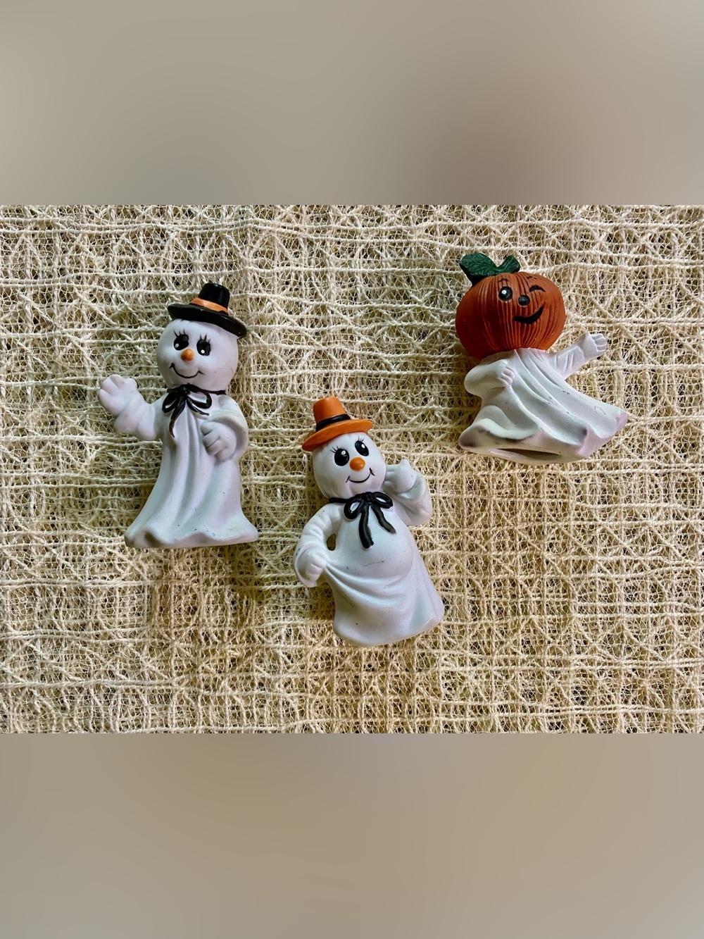 Halloween Ceramic Ghost & Pumpkin Figurine Trio - vintage